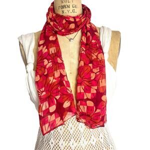 Kenneth Cole Red Silk Floral Scarf Sheer Romantic Softgirl Lightweight Accessory